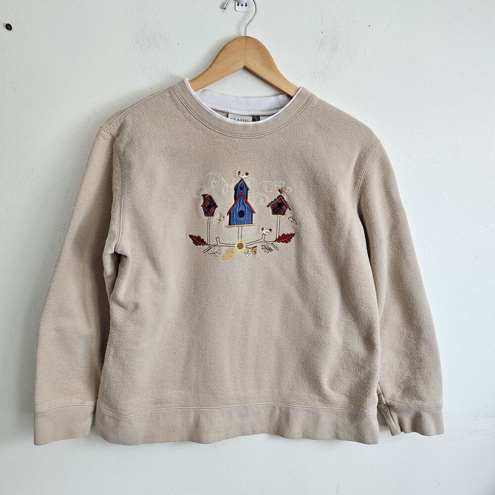 Vintage Sweatshirt Womens Medium Tan Beige Bird Houses Acorn Leaf Autumn 90s